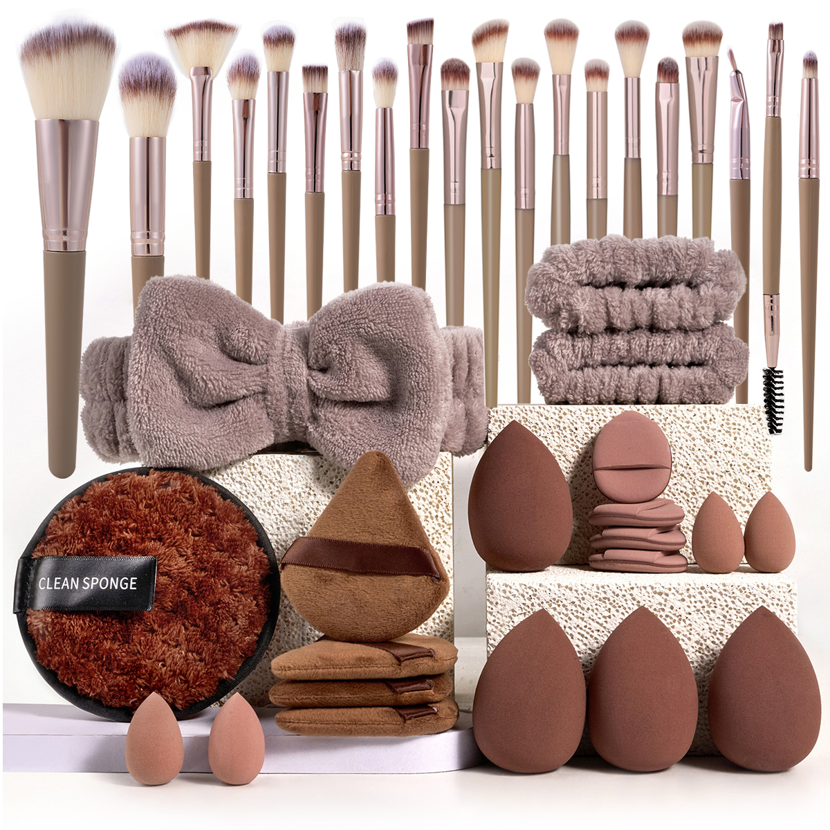 Beauty Makeup Gift Sets - Makeup Brushes and Sponges Set, Brown