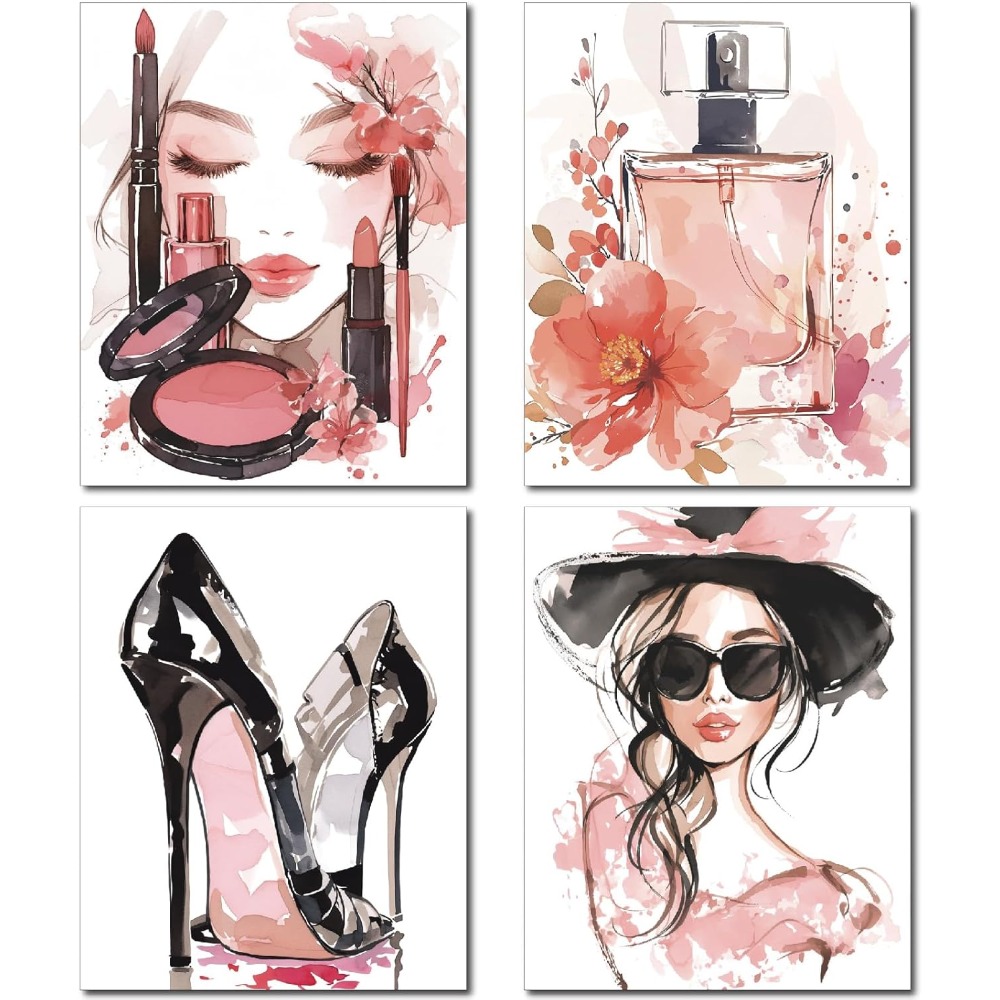 4Pcs Pink Makeup Wall Art Prin - Beauty Makeup Fashion のレビューと価格
